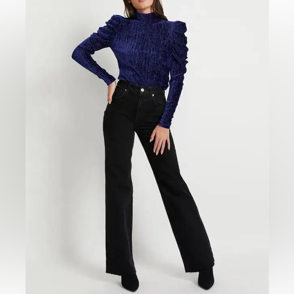 PatBO blue textured velvet mock neck turtleneck long sleeve blouse size XL
